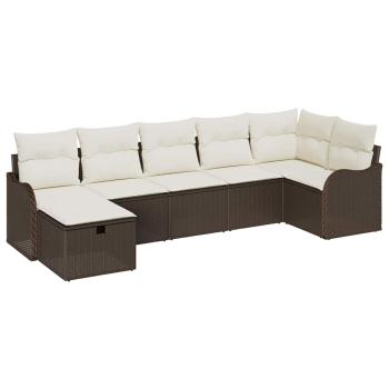 7-teiliges Garten Sofa Set mit Kissen Braun Poly Rattan, 2-Sitzer Garten Sofa mit Kissen Braun Poly Rattan