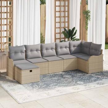 ARDEBO.de - 7-teiliges Garten Sofa Set mit Kissen in Beige aus Poly Rattan, 2-Sitzer Garten Sofa mit Kissen in Beige aus Poly Rattan