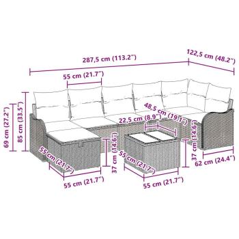 8-teiliges Garten Sofa Set mit Kissen Grau Poly Rattan, 2-Sitzer Garten Sofa mit Kissen Grau Poly Rattan