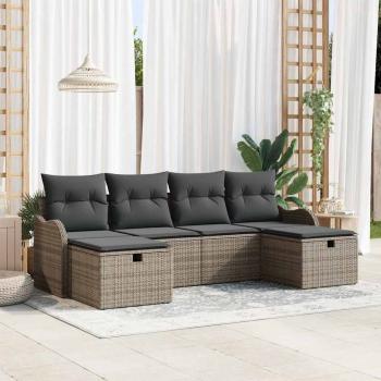 ARDEBO.de - 6-teiliges Garten Sofa Set mit Kissen in grauem Poly Rattan, 2-Sitzer Garten Sofa mit Kissen in grauem Poly Rattan