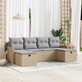 ARDEBO.de - 6-teiliges Garten-Sofa-Set mit Kissen Beige Poly-Rattan, 2-Sitzer Garten-Sofa mit Kissen Beige Poly-Rattan
