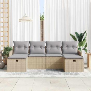 6-teiliges Garten-Sofa-Set mit Kissen Beige Poly-Rattan, 2-Sitzer Garten-Sofa mit Kissen Beige Poly-Rattan
