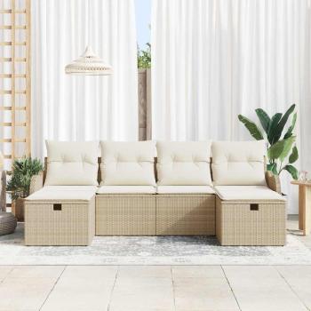 6-teiliges Garten-Sofa Set mit Kissen Beige Poly-Rattan, 2-Sitzer Garten-Sofa mit Kissen Beige Poly-Rattan