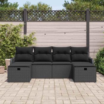 6-teiliges Garten Sofa Set mit Kissen Schwarz Poly Rattan, 2-Sitzer Garten Sofa mit Kissen Schwarz Poly Rattan