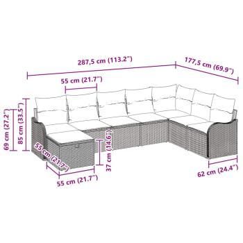 8teiliges Garten Sofa Set mit Kissen Grau Poly Rattan, 2-Sitzer Garten Sofa mit Kissen Grau Poly Rattan