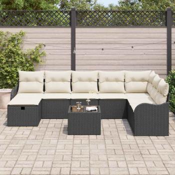 9-teiliges Garten Sofa Set mit Kissen Schwarz Poly Rattan, 2-Sitzer Garten Sofa mit Kissen Schwarz Poly Rattan