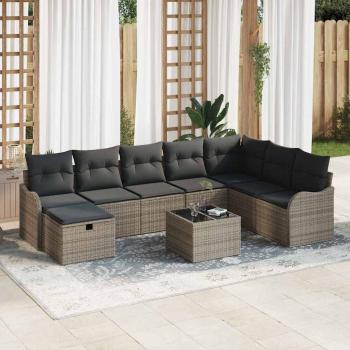 ARDEBO.de - 9-teilige Gartensofa Set mit Kissen Grau Poly Rattan, 2-Sitzer Gartensofa mit Kissen Grau Poly Rattan