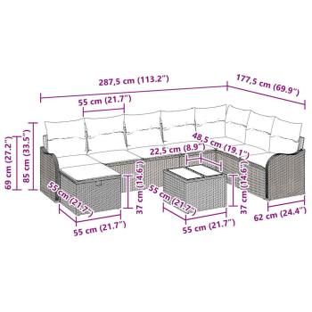 9-teilige Gartensofa Set mit Kissen Grau Poly Rattan, 2-Sitzer Gartensofa mit Kissen Grau Poly Rattan