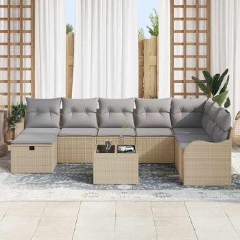 9-teilige Garten-Sofa-Set mit Kissen Beige Poly Rattan, 2-Sitzer Garten-Sofa mit Kissen Beige Poly Rattan