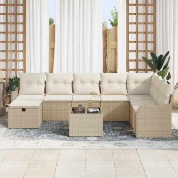 9-teiliges Garten Sofa Set mit Kissen Beige Poly Rattan, 2-Sitzer Garten Sofa mit Kissen Beige Poly Rattan