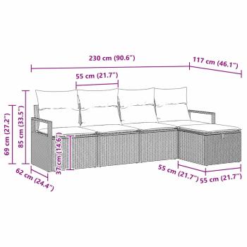 5-teiliges Garten Sofa Set mit Kissen Schwarz Poly Rattan, 2-Sitzer Garten Sofa mit Kissen Schwarz Poly Rattan