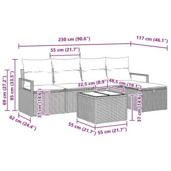 6-teiliges Garten Sofa Set mit Kissen grau Poly Rattan, 2-Sitzer Garten Sofa mit Kissen grau Poly Rattan