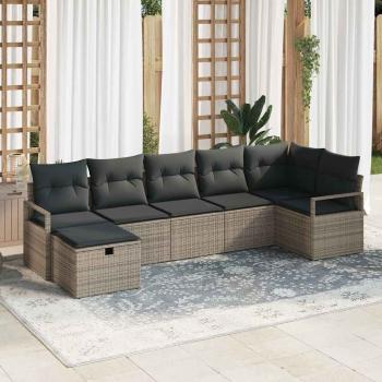 ARDEBO.de - 7-teiliges Garten Sofa Set mit Kissen Grau Poly Rattan, 2-Sitzer Garten Sofa mit Kissen Grau Poly Rattan