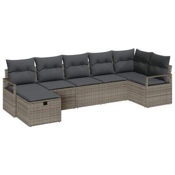 7-teiliges Garten Sofa Set mit Kissen Grau Poly Rattan, 2-Sitzer Garten Sofa mit Kissen Grau Poly Rattan