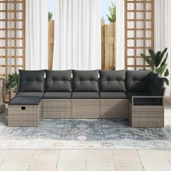 7-teiliges Garten Sofa Set mit Kissen Grau Poly Rattan, 2-Sitzer Garten Sofa mit Kissen Grau Poly Rattan