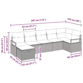 7-teiliges Garten Sofa Set mit Kissen Grau Poly Rattan, 2-Sitzer Garten Sofa mit Kissen Grau Poly Rattan