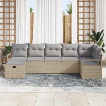 7-teiliges Garten-Sofa-Set mit Kissen Beige Poly Rattan, 2-Sitzer Garten-Sofa mit Kissen Beige Poly Rattan