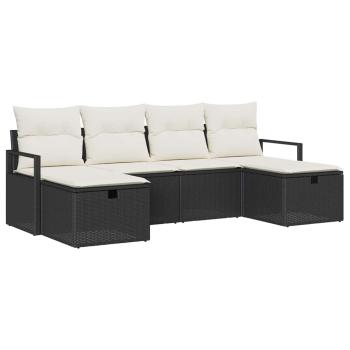 6-teiliges Garten Sofa Set mit Kissen Schwarzes Poly Rattan, 2-Sitzer Garten Sofa mit Kissen Schwarzes Poly Rattan