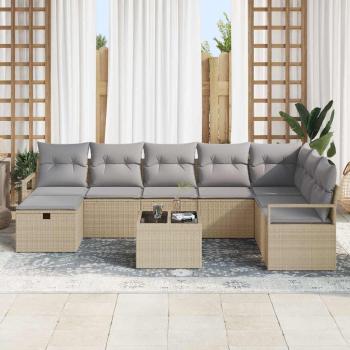 9-teiliges Garten Sofa Set mit Kissen Beige Poly Rattan, 2-Sitzer Garten Sofa mit Kissen Beige Poly Rattan