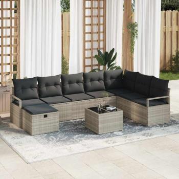ARDEBO.de - 9-teilige Garten Sofa Set mit Kissen Hellgrau Poly Rattan, 2-Sitzer Garten Sofa mit Kissen Grau Poly Rattan