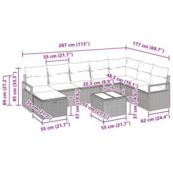 9-teilige Garten Sofa Set mit Kissen Hellgrau Poly Rattan, 2-Sitzer Garten Sofa mit Kissen Grau Poly Rattan