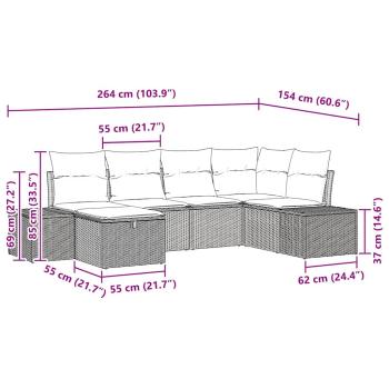 6-teilige Garten Sofa Set mit Kissen Grau Poly Rattan