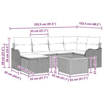 7-teiliges Garten Sofa Set mit Kissen Schwarz Poly Rattan, 2-Sitzer Garten Sofa mit Kissen Schwarz Poly Rattan