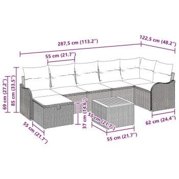 8-teiliges Garten Sofa Set mit Kissen Grau Poly-Rattan, 2-Sitzer Garten Sofa mit Kissen Grau Poly-Rattan