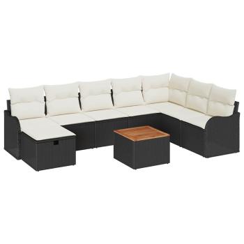 9-teiliges Garten-Sofa-Set mit Kissen, schwarzes Poly-Rattan, 2-Sitzer Garten-Sofa mit Kissen, schwarzes Poly-Rattan