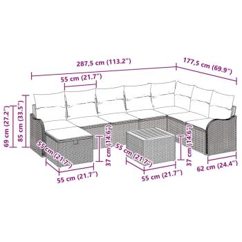 9-teiliges Garten Sofa Set mit Kissen Grau Poly Rattan, 2-Sitzer Garten Sofa mit Kissen Grau Poly Rattan