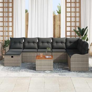 9-teiliges Garten Sofa Set mit Kissen Grau Poly Rattan, 2-Sitzer Garten Sofa mit Kissen Grau Poly Rattan
