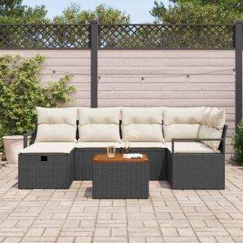 7-teiliges Garten-Sofa-Set mit Kissen aus schwarzem Poly-Rattan, 2-Sitzer Garten-Sofa mit Kissen aus schwarzem Poly-Rattan