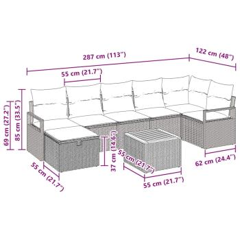 8-teiliges Garten-Sofa-Set mit Kissen Grau Poly Rattan, 2-sitziges Garten-Sofa mit Kissen Grau Poly Rattan