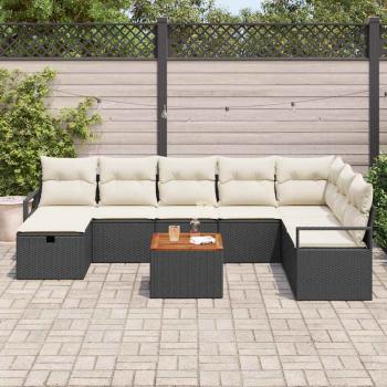 9-teiliges Garten Sofa Set mit Kissen Schwarz Poly Rattan, 2-Sitzer Garten Sofa mit Kissen Schwarz Poly Rattan
