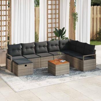 ARDEBO.de - 9-teiliges Garten Sofa Set mit Kissen Grau Poly Rattan, 2-Sitzer Garten Sofa mit Kissen Grau Poly Rattan