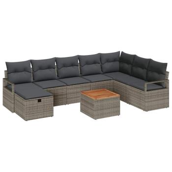9-teiliges Garten Sofa Set mit Kissen Grau Poly Rattan, 2-Sitzer Garten Sofa mit Kissen Grau Poly Rattan