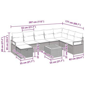 9-teiliges Garten Sofa Set mit Kissen Grau Poly Rattan, 2-Sitzer Garten Sofa mit Kissen Grau Poly Rattan