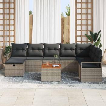 9-teiliges Garten Sofa Set mit Kissen Grau Poly Rattan, 2-Sitzer Garten Sofa mit Kissen Grau Poly Rattan