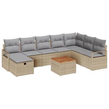 9-teiliges Garten Sofa Set mit Kissen Beige Poly Rattan, 2-Sitzer Garten Sofa mit Kissen Beige Poly Rattan