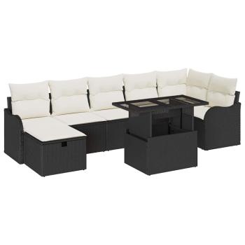 8-teiliges Garten Sofa Set mit Kissen Schwarz Poly Rattan, 2-Sitzer Garten Sofa mit Kissen Schwarz Poly Rattan