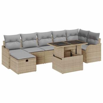 8-teiliges Garten-Sofa-Set mit Kissen Beige Poly Rattan, 2-Sitzer Garten-Sofa mit Kissen Beige Poly Rattan