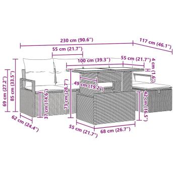 6-teiliges Garten Sofa Set mit Kissen Grau Poly Rattan, 2-Sitzer Garten Sofa mit Kissen Grau Poly Rattan