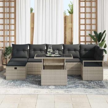 8-teiliges Gartensofa-Set mit Kissen in Hellgrau Poly Rattan,  2-Sitzer Gartensofa mit Kissen in Grauem Poly Rattan