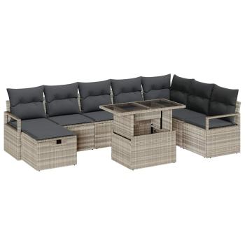 9-teiliges Garten-Sofa-Set mit Kissen Hellgrau Poly-Rattan, 2-Sitzer Garten-Sofa mit Kissen Grau Poly-Rattan