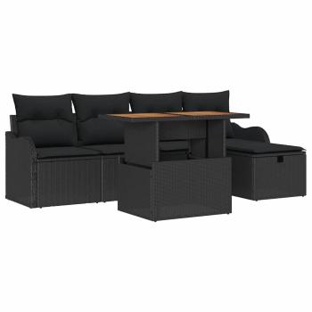 6-teiliges Garten Sofa Set mit Kissen Schwarzes Poly Rattan, 2-Sitzer Garten Sofa mit Kissen Schwarzes Poly Rattan
