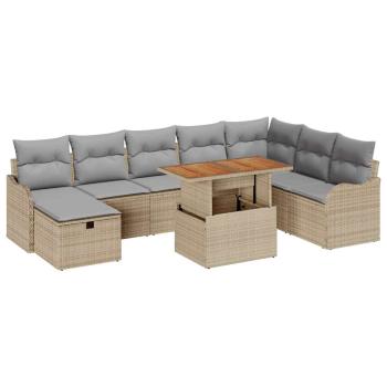 9-teiliges Garten-Sofa-Set mit Kissen Beige Poly Rattan, 2-Sitzer Garten-Sofa mit Kissen Beige Poly Rattan