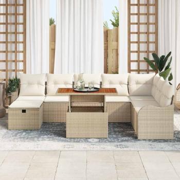 9-teiliges Garten-Sofa-Set mit Kissen Beige Poly-Rattan, 2-Sitzer Garten-Sofa mit Kissen Beige Poly-Rattan