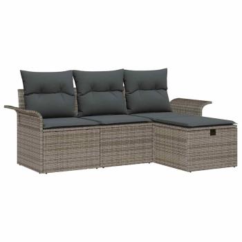 4-teiliges Garten Sofa Set mit Kissen Grau Poly Rattan, 2-Sitzer Garten Sofa mit Stauraum & Kissen Grau Poly Rattan