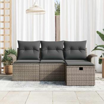 4-teiliges Garten Sofa Set mit Kissen Grau Poly Rattan, 2-Sitzer Garten Sofa mit Stauraum & Kissen Grau Poly Rattan