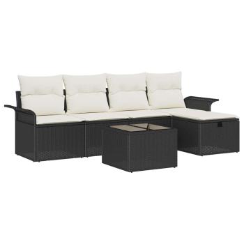 6-teiliges Garten Sofa Set mit Kissen Schwarz Poly Rattan, 2-Sitzer Garten Sofa mit Stauraum & Kissen Schwarz Poly Rattan